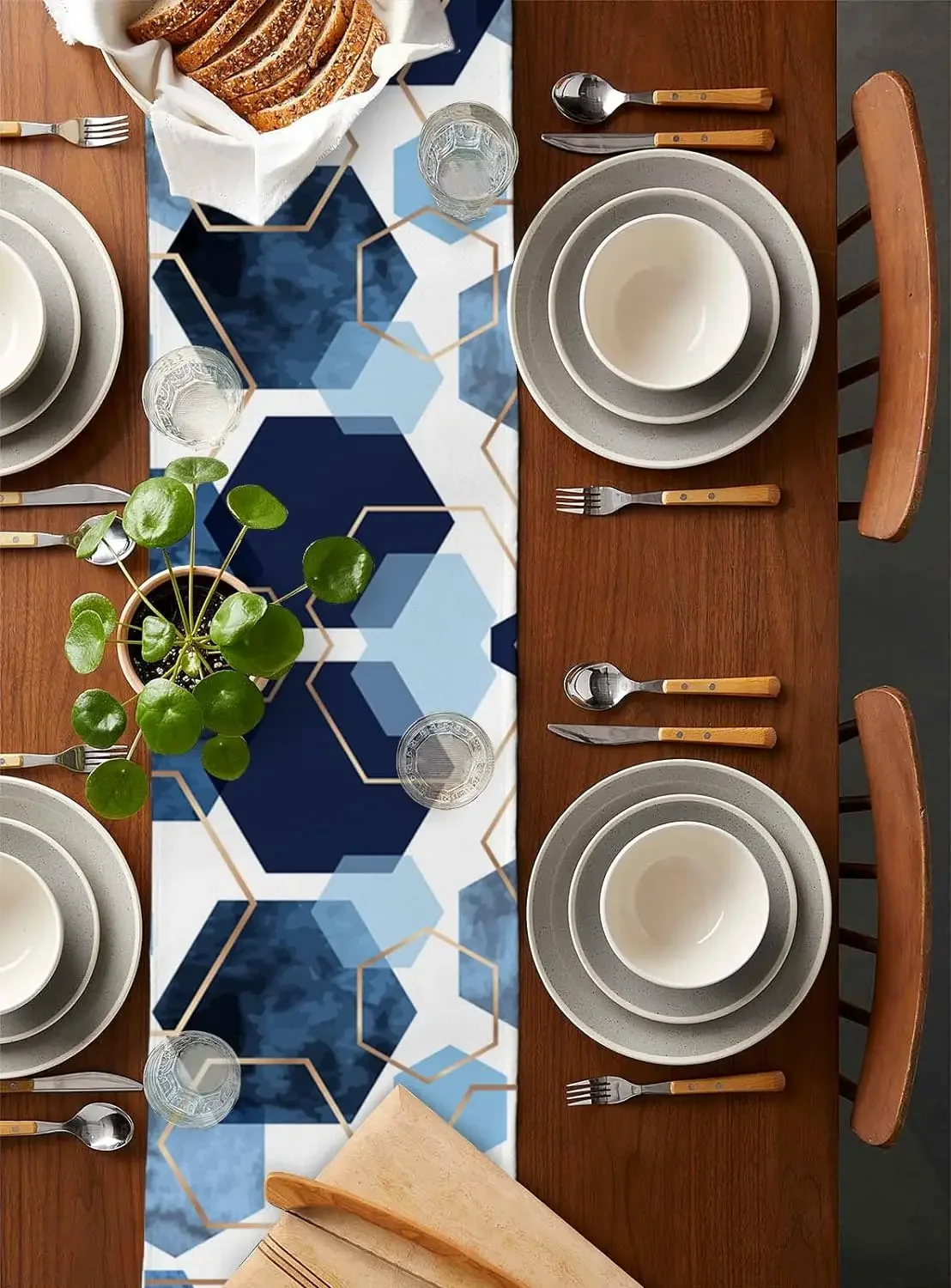 1Pc Modern Geometric Style Table Runner Navy Blue And Light Blue With Gold Lines Hexagon Watercolor Print Table Cover For Dining