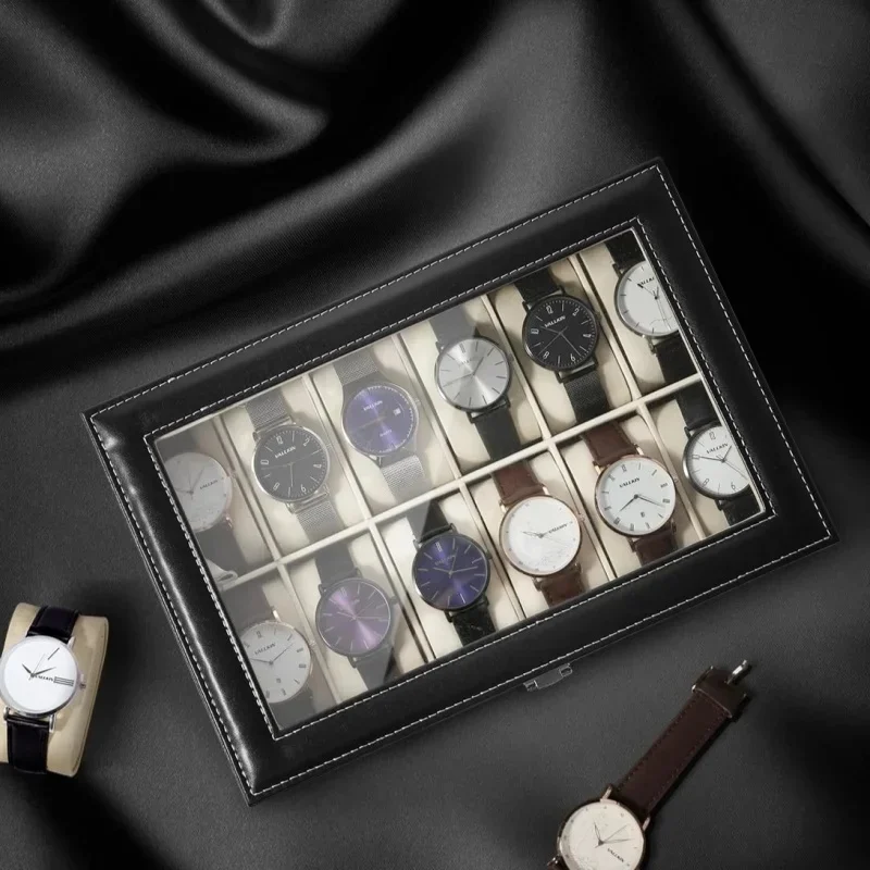 3/12 Slots PU Leather Watch Display Box, Glass‑Top Jewelry Storage Organizer Gift Case for Men Watches