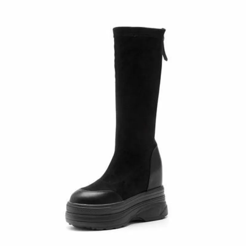 Elevated Winter Long Tube Boots Women's Shoes Simple Pure Color No-knee Elastic Fleece Lined Casual Boots Round Toe Mid Heel
