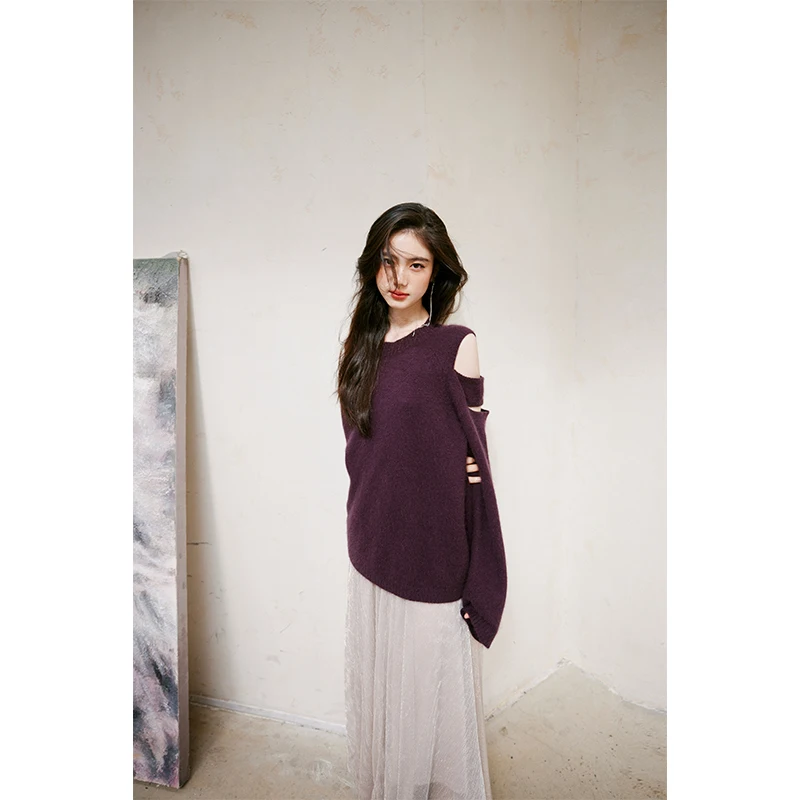 

Rosebanks Autumn Winter Purple Bear Fur Knitwear round Ne Hollow out Design Ambiance Feel Bla White ey Color Blo Sweater