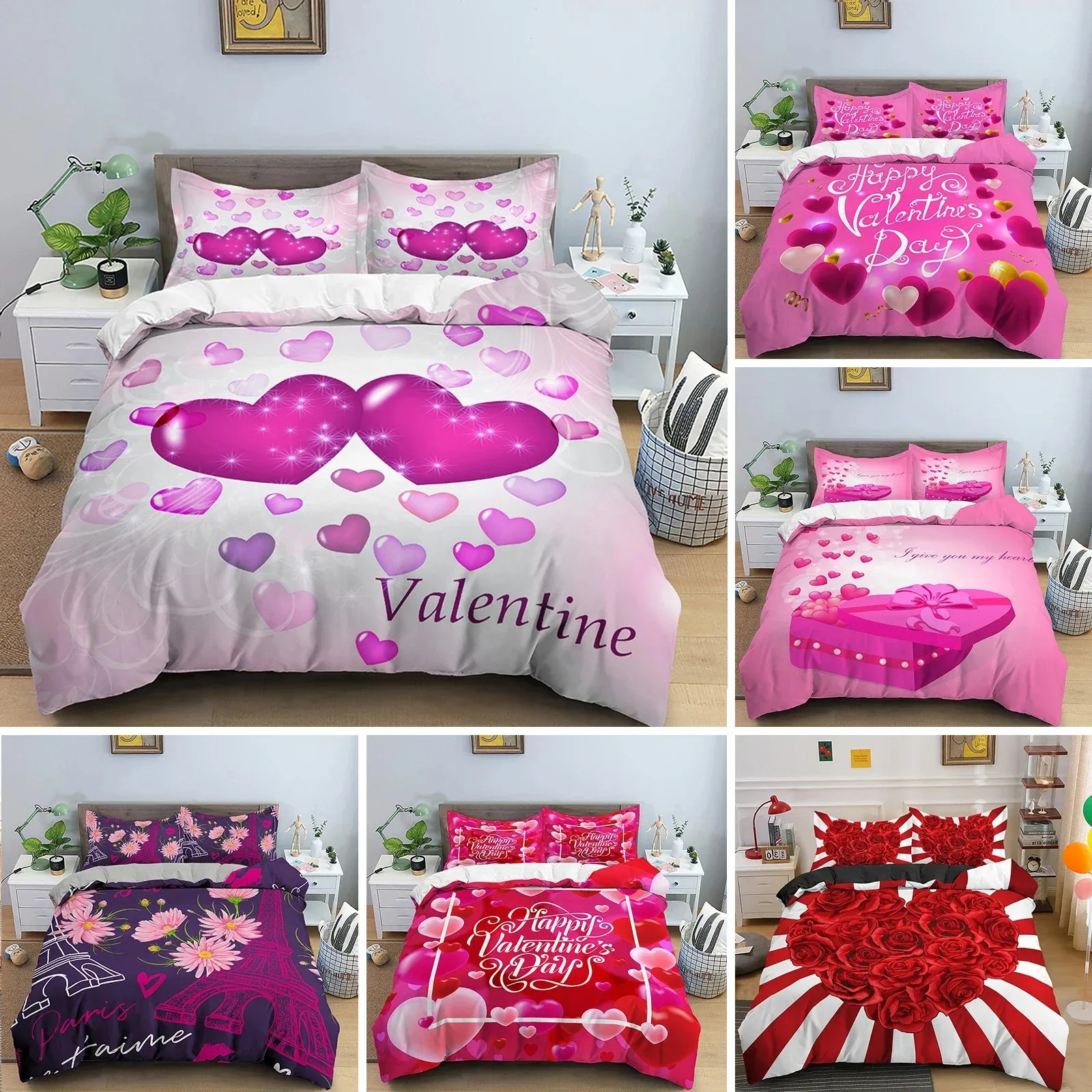 

3D Love Heart King Queen Duvet Cover Valentines Gift Bedding Set for Girls Women Couples Soft Polyester Quilt Cover Home Textile