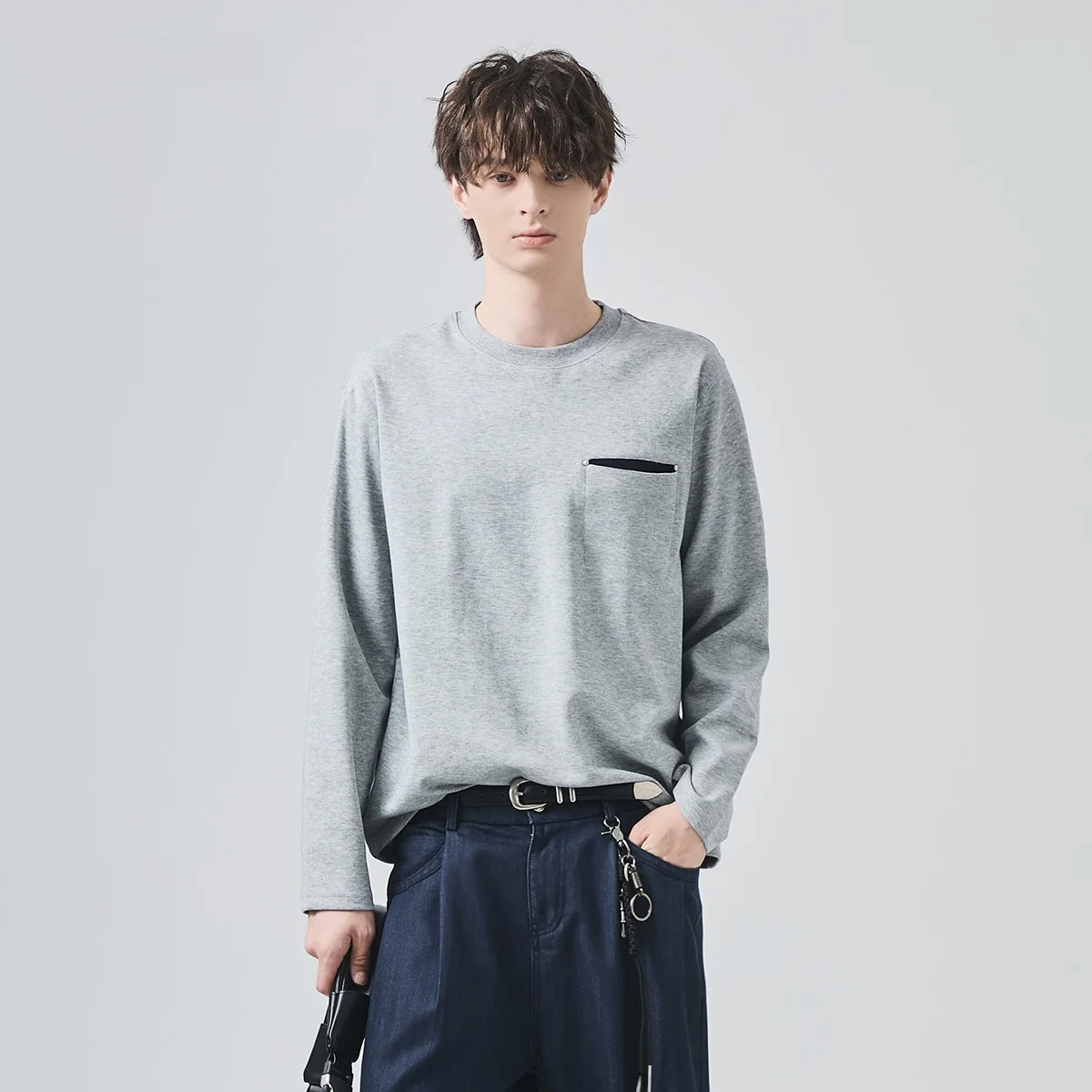 

Мужская свободная футболка с длинным рукавом и круглым вырезом, осенне-зимняя, базовая модель, в стиле колор-блок, для повседневной носки