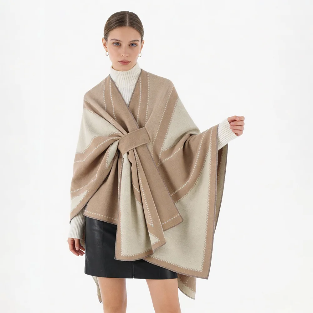 Fashion Side Strap Color Block Geometry Poncho Wraps Long Cape Outerwear Women Men Autumn Winter Thick Faux Cashemre Shawl