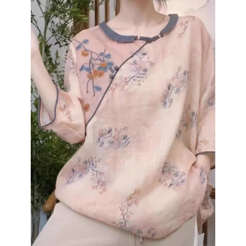 

Women's Chinese Style Floral Print Linen Blouse Frog Button Half Sleeve Loose Top