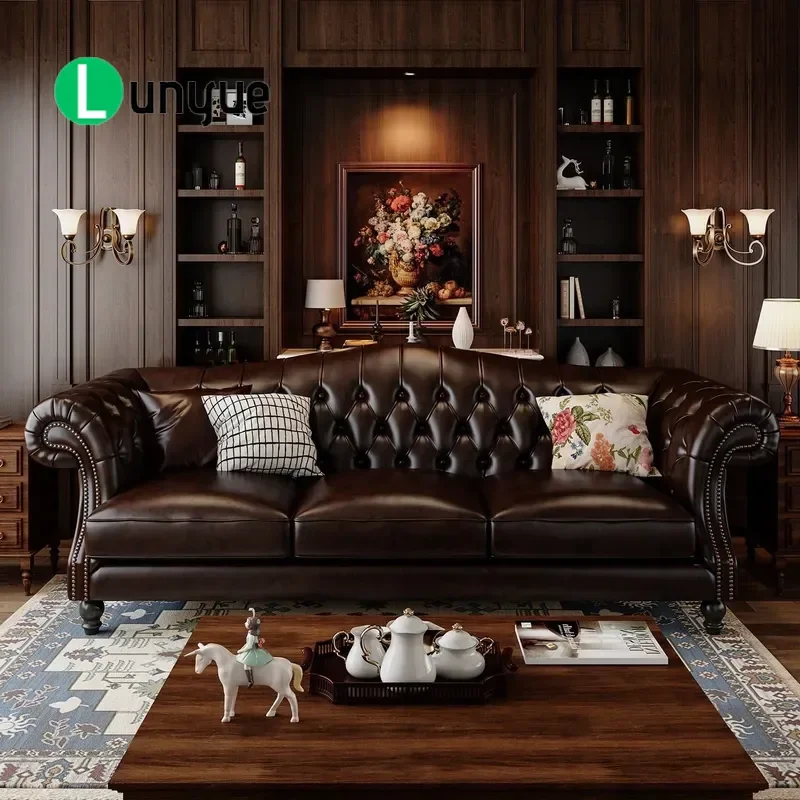 American Retro Brown Oil Wax Leather Sofa 3 4 Seater Straight Row Living Room Furniture Vintage Buckle Design Comfortable