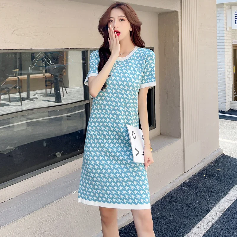 Women Elegant New Summer Slim Knee-length Dress Fashion Short Sleeve Office Lady Ice Silk Knitted Houndstooth Dress Vestdios