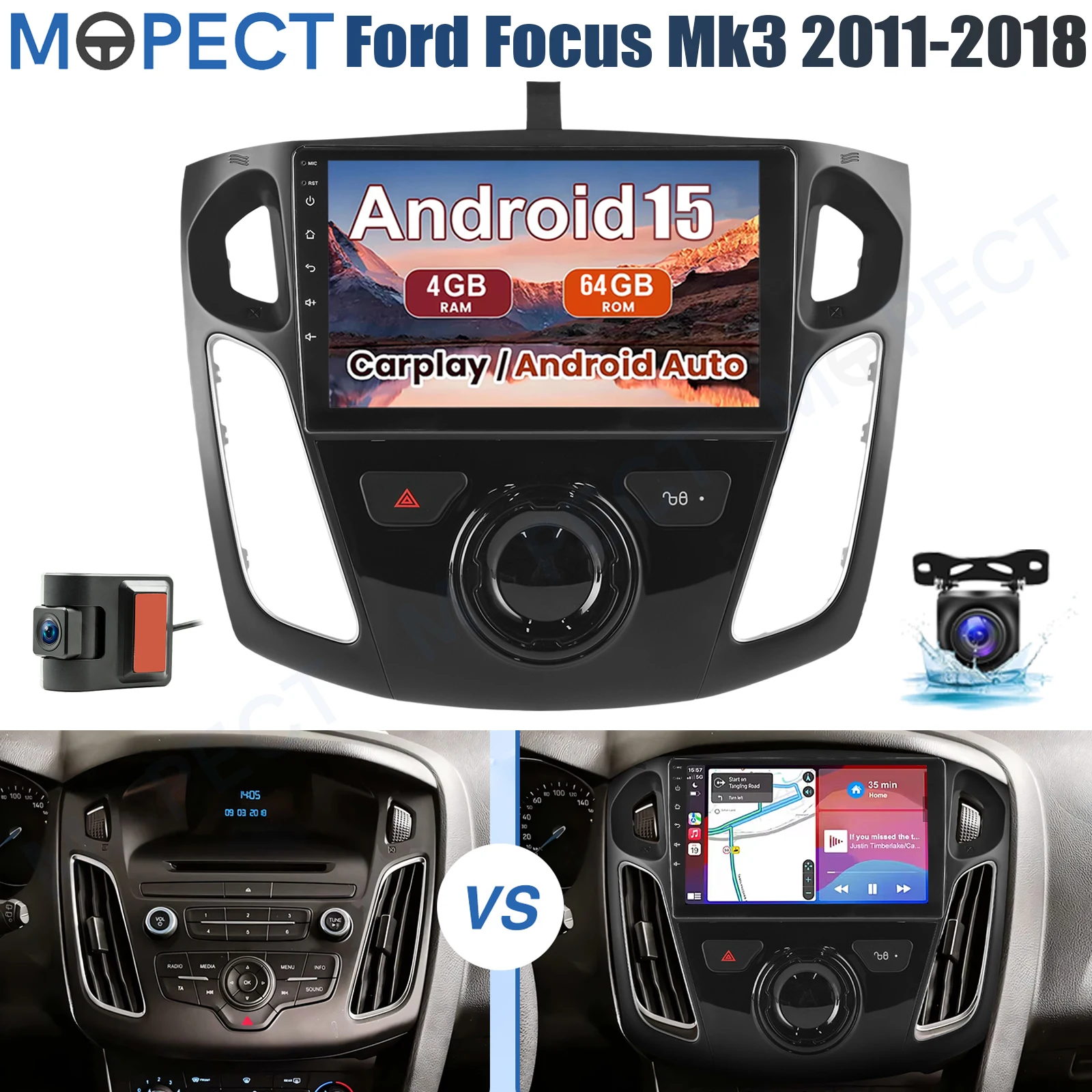 MOPECT 9" autoradio met 4+64GB voor Ford Focus MK3 2011-2018 Android 15 Carplay GPS BT/AM/FM touchscreen +DAB&camera - afbeelding 1