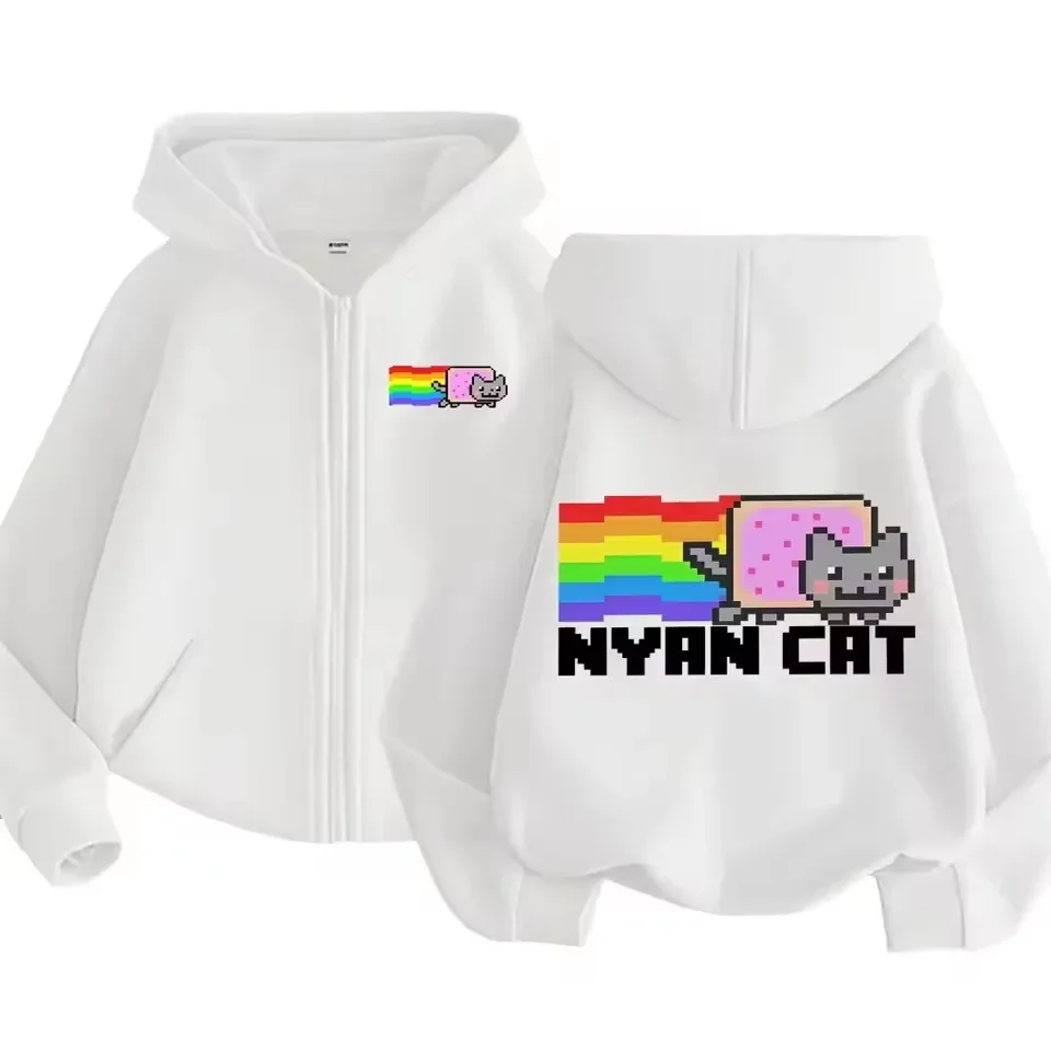 Heavy Pixel Rainbow Cat Zip Up Hoodie Black White Blue Grey Men Women Streetwear Casual Fashion Sweatshirt Tops Y2K
