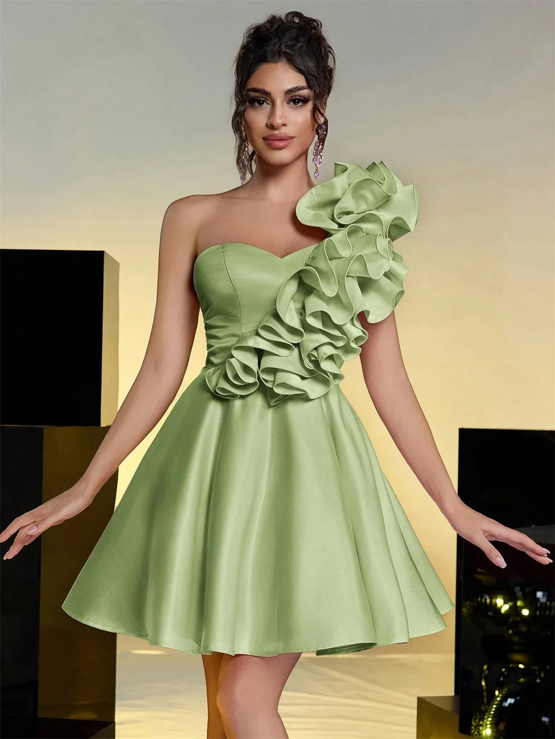 

Sage Satin Mini Homecoming Dresses Elegant One-Shoulder Ruffles A-line Birthday Prom Dress Sleeveless Plain Girl's Pageant Gowns