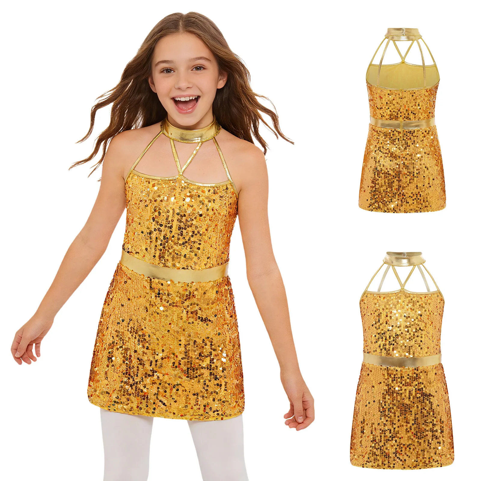 

Kids Girls Jazz Dance Performance Costume Sleeveless Sparkling Sequins Dresses with Built-in Metallic Shorts Princess Clothing