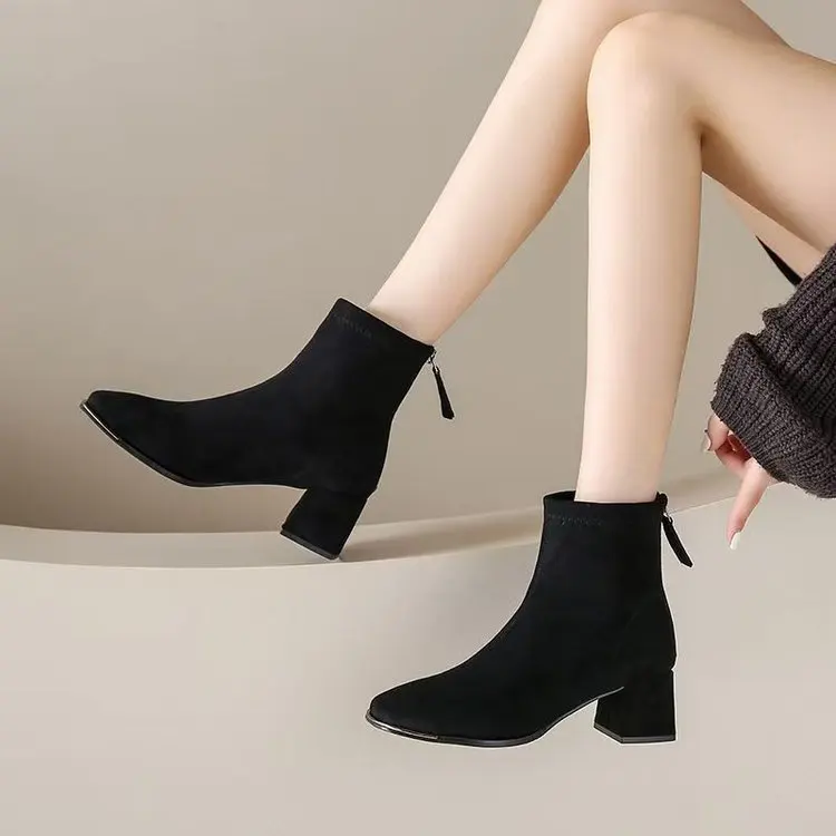 Women French Suede Chunky Heel Ankle Boots 2026 Autumn Winter Warm Fleece Lined Square Toe Boots