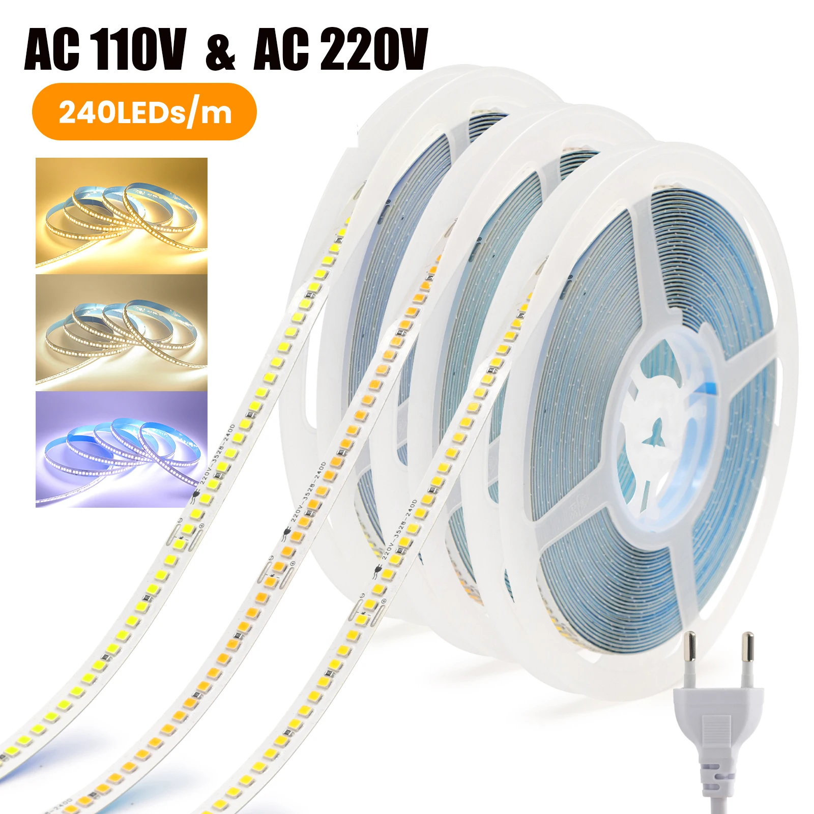 

Светодиодная лента переменного тока 220 В 110 В SMD 2835 240 светодиодов/M IP44 Домашний декор Гибкая лента в полоску Самоклеящаяся лента Ланцепочка Светильник