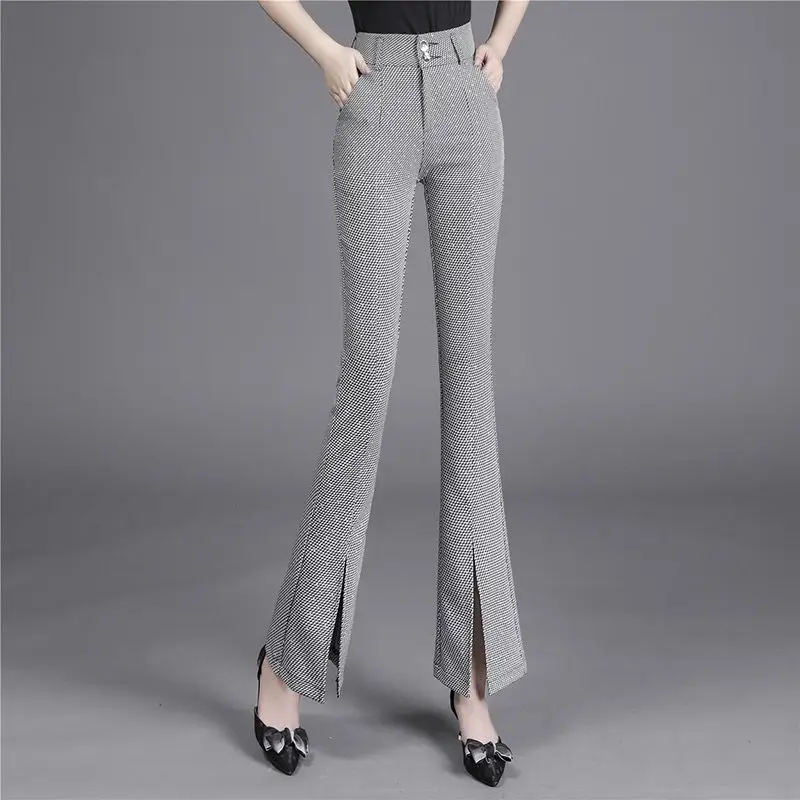 Office Lady Slim High Waist Split Flare Pants Women Clothing Summer New Plaid Chic Korean Fashion Women Grey Casual Suit Trouser