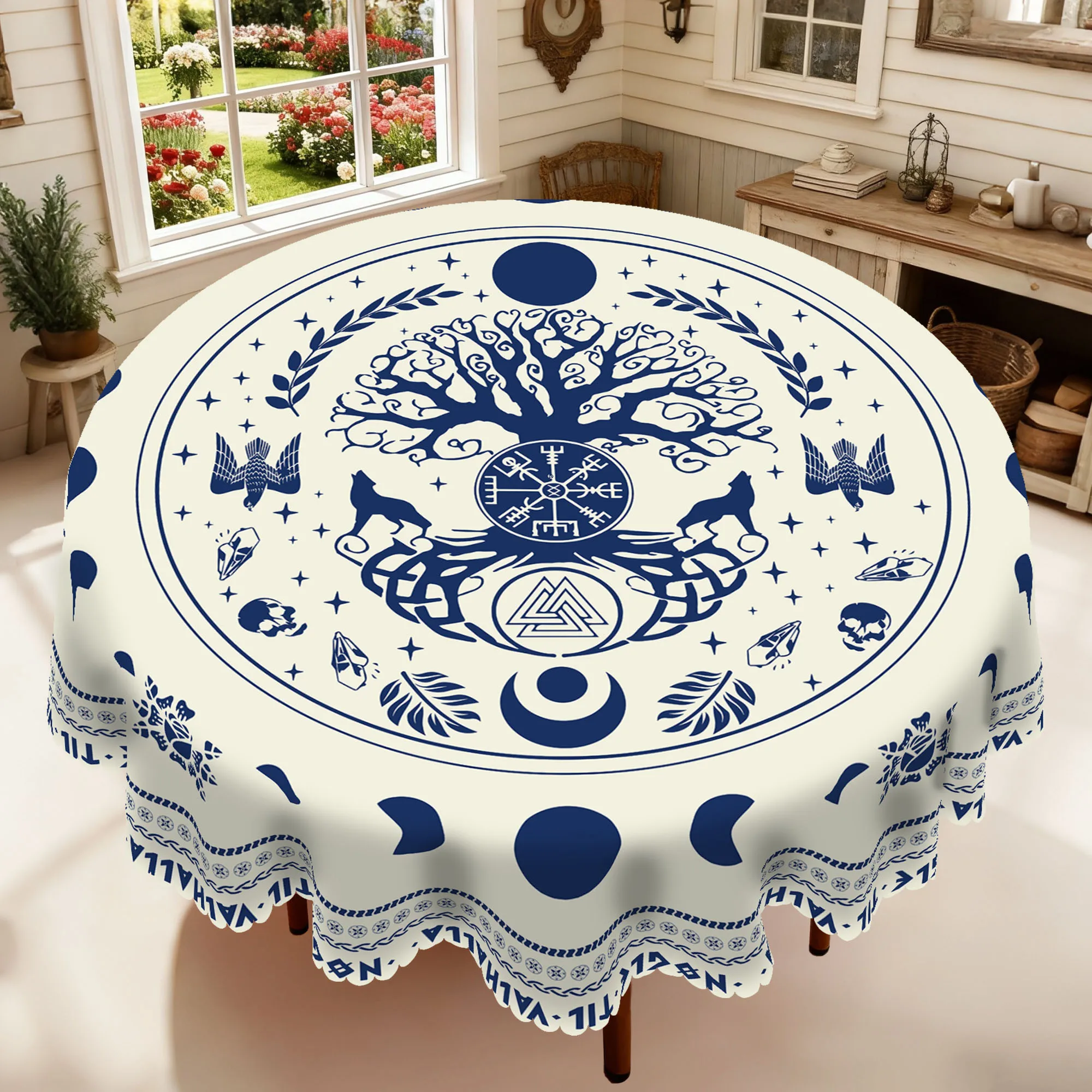 1 Piece of Nordic Viking-Themed Round Tablecloth, Featuring the Viking Mythological 