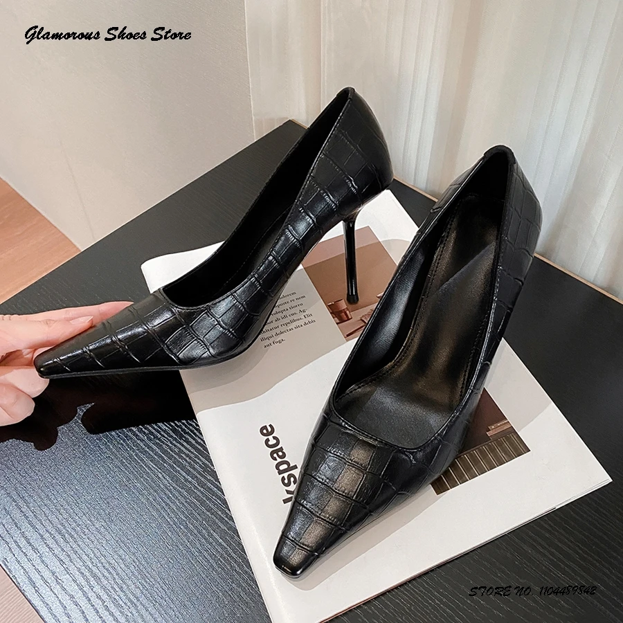 

Crocodile Embossed Pull On Pumps Women's Square Toe Thin High Heels Party Dress Shoes Spring Autumn Shallow Solid Stilettos