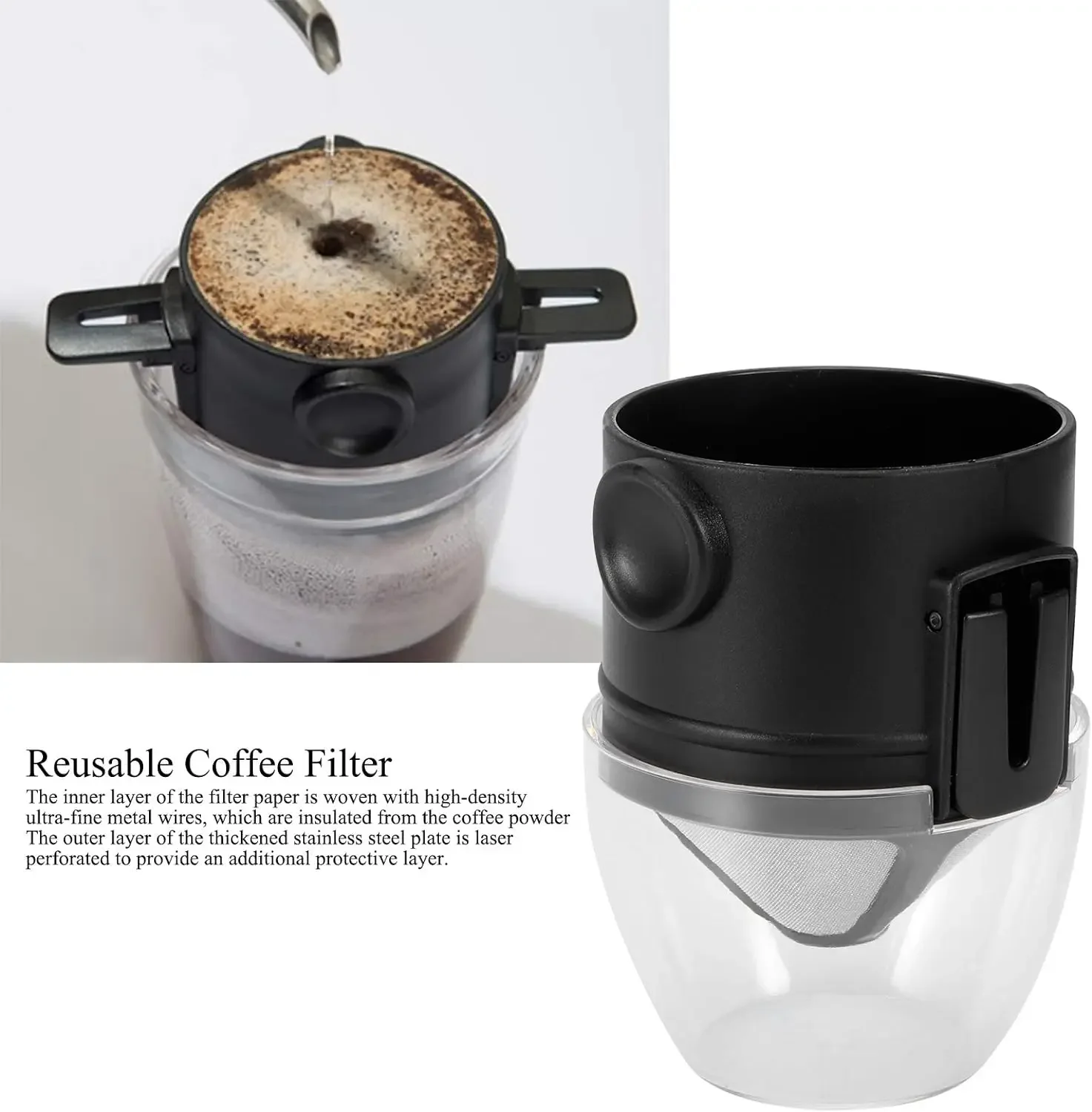 Portable Pour Over Coffee Maker 1-2 Cup, Reusable Cone Coffee Dripper Filter Stainless Steel Coffee Filters with Cleaning Brush