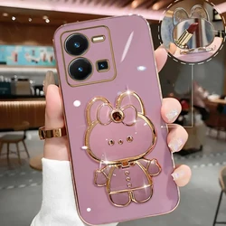 Y 35 Makeup Mirror Cute Rabbit Phone Holder Case On For Vivo Y35 2022 4G Y35 Y35M Plus Y27 4G Girl Woman Used Back Cover