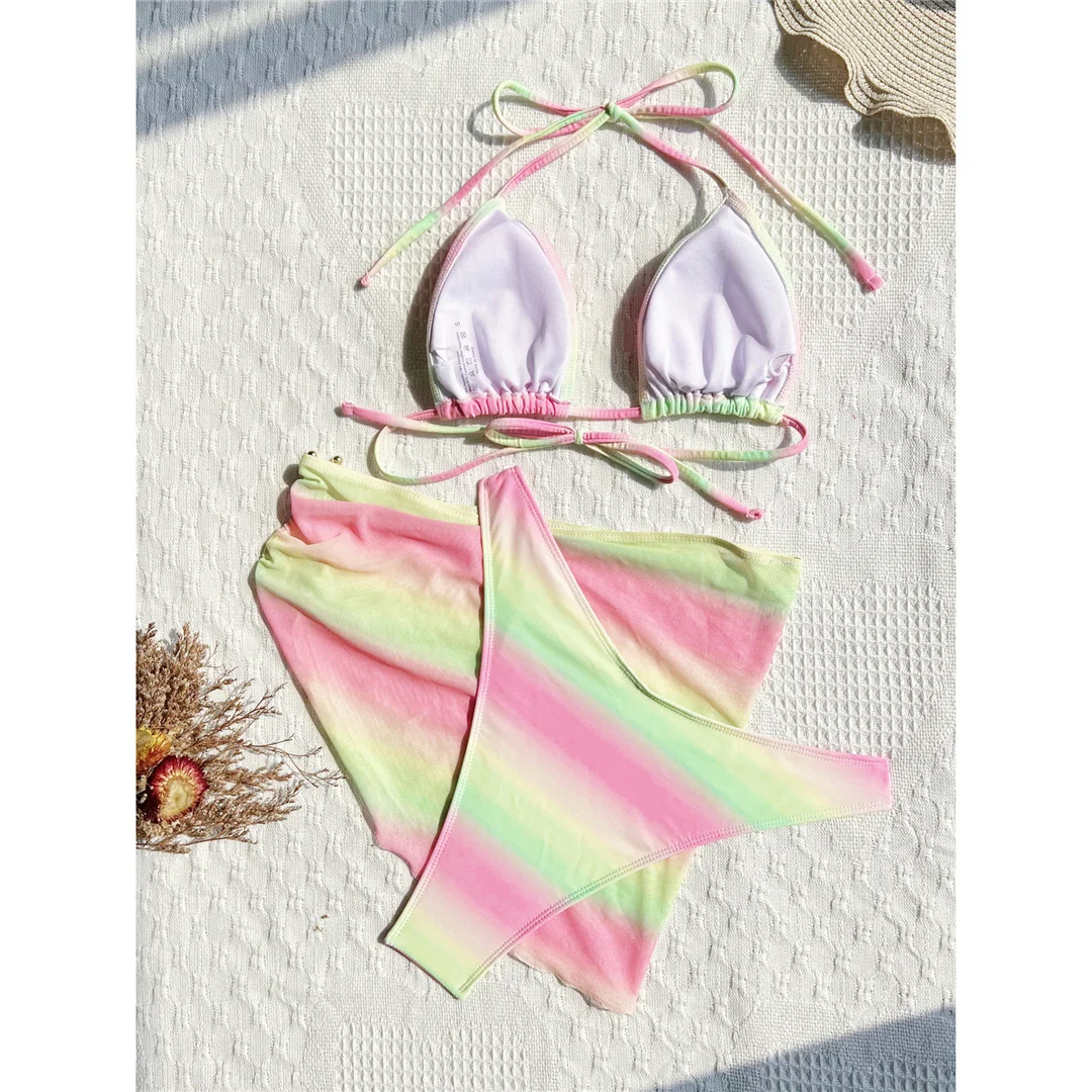 Mit Rock, Farbverlauf, bunter Neckholder-Bikini, Damen-Badeanzug, dreiteiliges Bikini-Set, Damen-Bademode, Badeanzug, Schwimmanzug V6774 – Detail 6