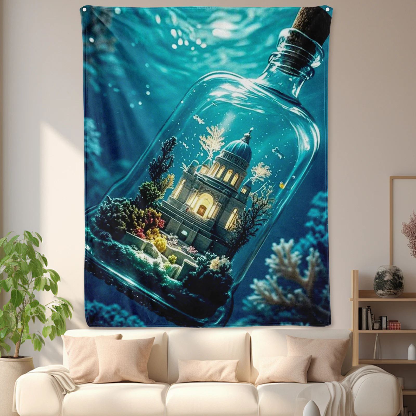 Миниатюрная сцена Drift Bottle с коралловыми рифами и европейской архитектурой в бирюзовом одеяле для художественной элегантности