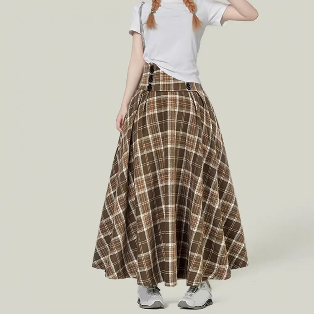 Falda de cintura alta para mujer, elegante falda a media pierna con estampado a cuadros y diseño acampanado de cintura alta para mujer, detalle de dobladillo para efecto otoño