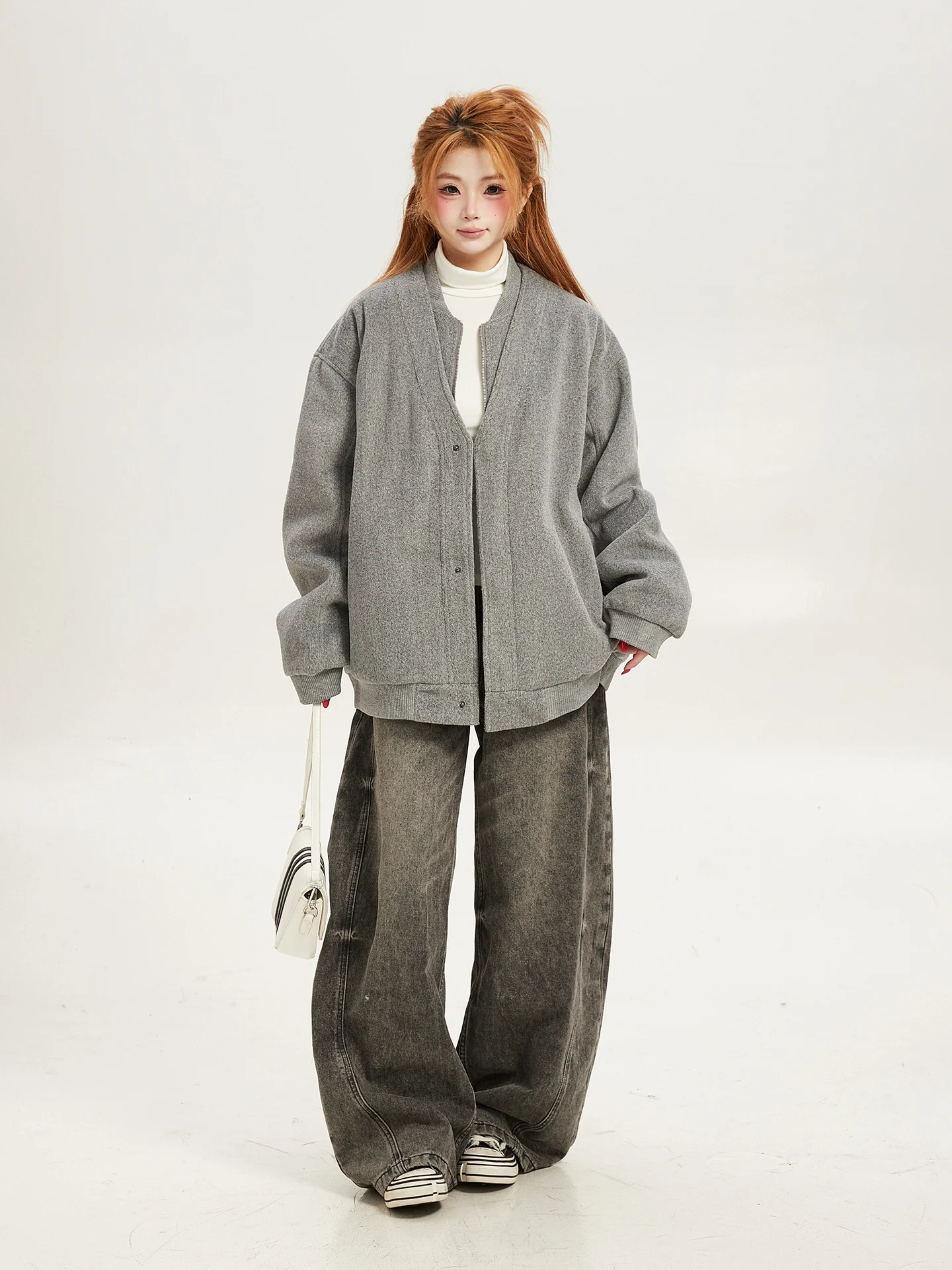 Gray Duck down Baseball Jacket Women's Winter Coat Simple Stylish Ant Design 3D Stereo Warmth Fashionable Commute Style