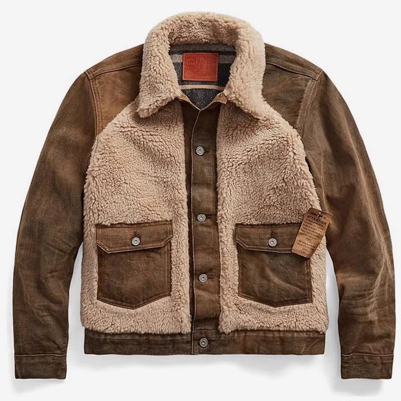 RL Denim Grizzly Jacket American retro mud-dyed denim brown bear jacket