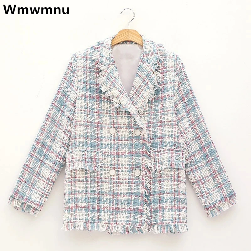 New Fashion Lapel Wool Blend Casual Blazer Coats Slim Plaid Tweed Tassel Suit Jackets Korea Office Women Vintage Chaquetas