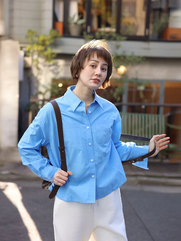 

WinnieTang Ruche Cotton Silk Casual Loose Fit Top Embroidered Slimming ort irt Women's Collar Button down Spring 2025