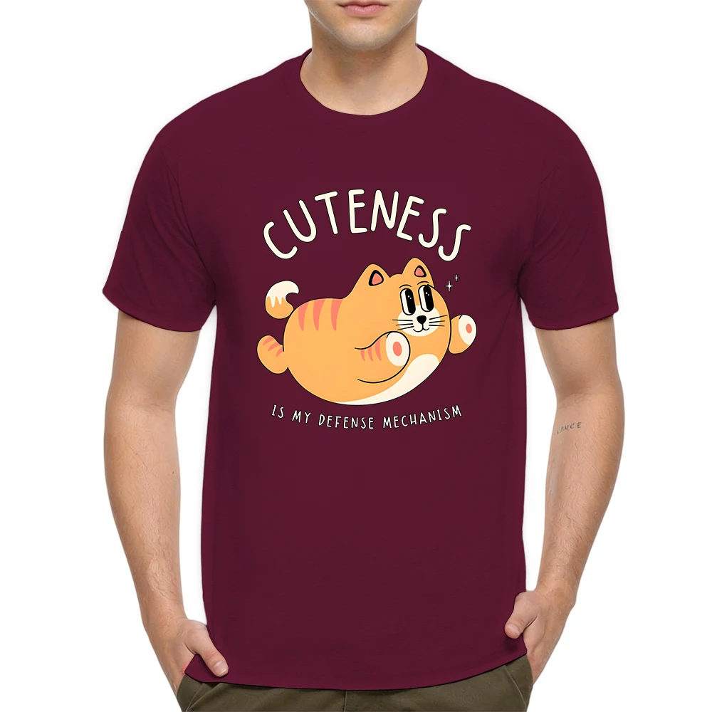 Mens 100% Cotton T Shirt Cuteness Is My Defense Mechanism Cute Chubby Cat Cartoon Print Breathable Short Sleeve Daily Wear