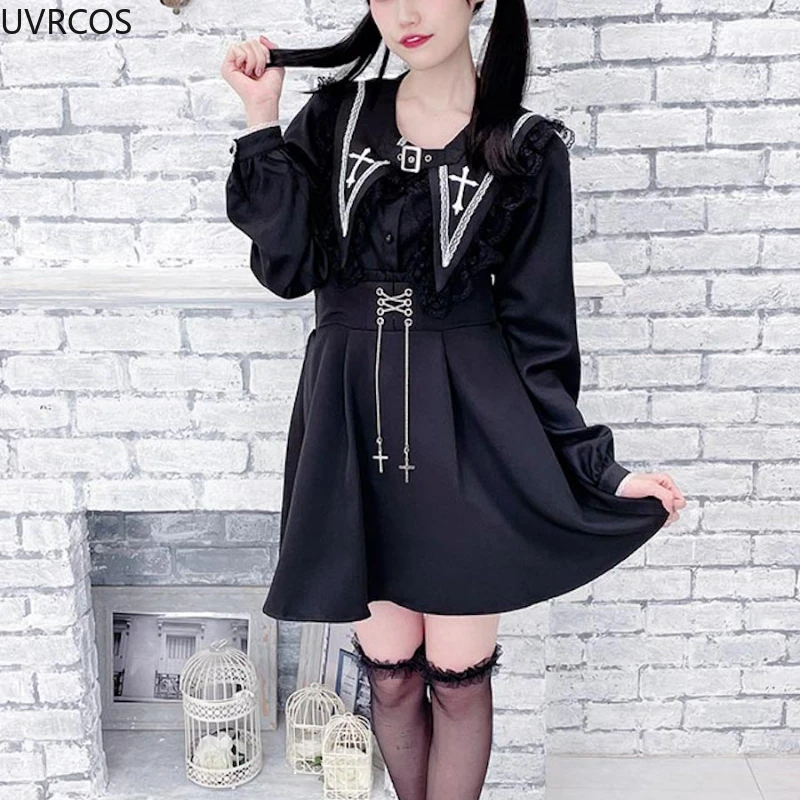 Victorian Gothic Lolita Blouses Japanese Sweet Lace Ruffles Embroidery Sailor Collar Shirt Women Punk Style Y2k Long Sleeve Tops