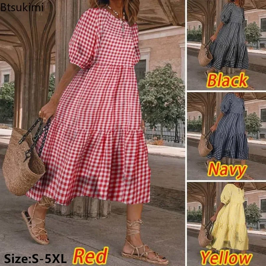 

Summer Vintage Plaid Dress for Women Fashion Lantern Sleeve Midi Dress Bohemian Ladies Beach Sundress Casual Vestidos Plus Size