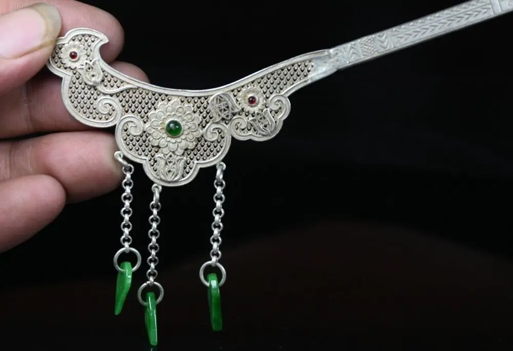 18.5CM Rare Old Chinese Miao Silver Gems Dynasty Palace Belle Jewelry Hairpin