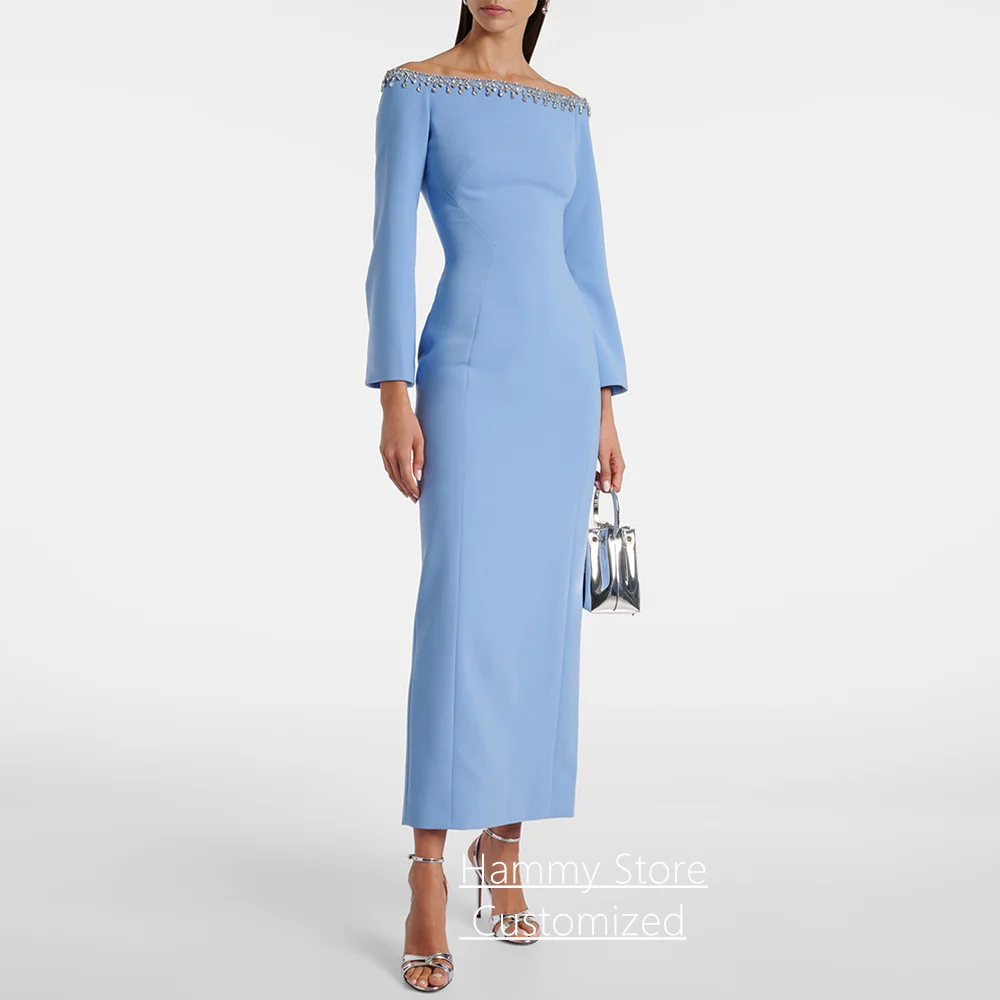 

Customized Evening Dresses for Woman Fashion Boat Neck Long Sleeves Stone Ankle Length Wedding Party Gown Prom Dresses