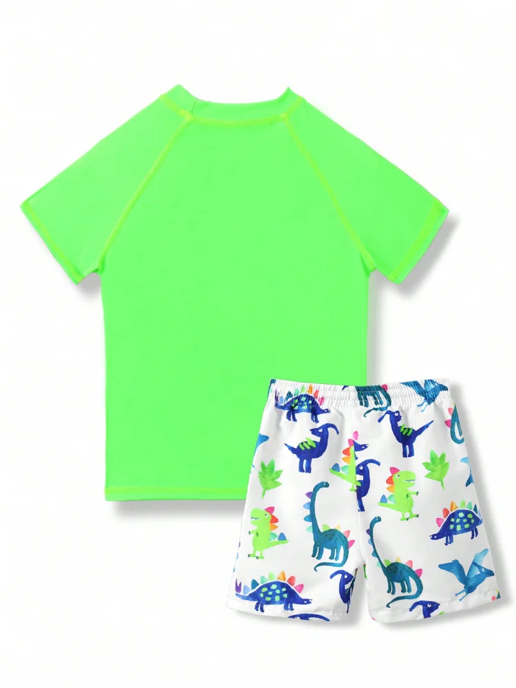 Boy Kids Swimsuit 2026 New Green Short Sleeve Cartoon Dinosaur Children Swimwear Summer Beach Wear Shorts Bathing Suit Swimming