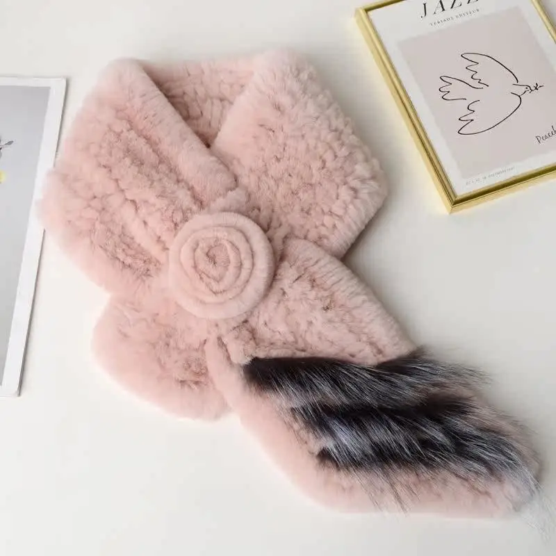 Genuine Rex Rabbit Fur Knitted Scarf Women Luxury Soft Fluffy Warm Winter Neck Wrap Fashion Plush Shawl Accessories