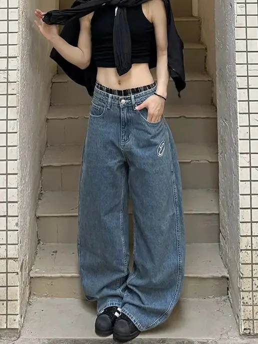 Vintage Stickerei Baggy Jeans Frauen Kleidung Straße Harajuku Hip Hop Hohe Taille Jeans Frau Casual Breite Bein Y2K Hosen