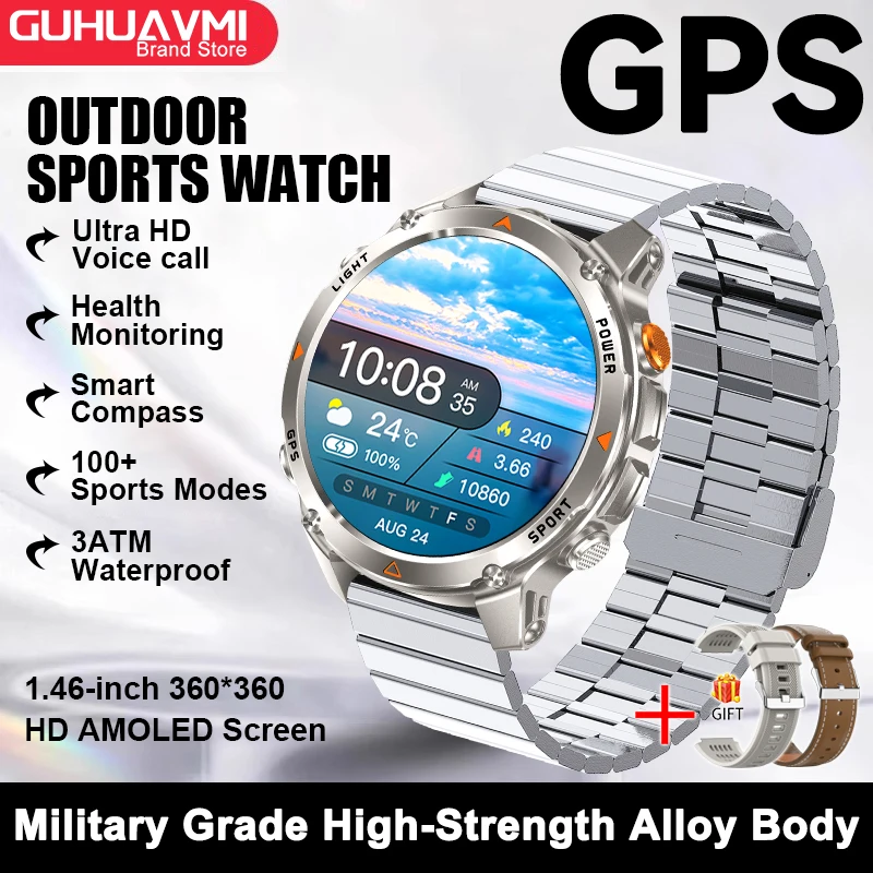 2025 New Military Bluetooth Call Smart Watch Built-in GPS Compass Barometric Altimeter 10ATM Waterproof Sports Smartwatches Men