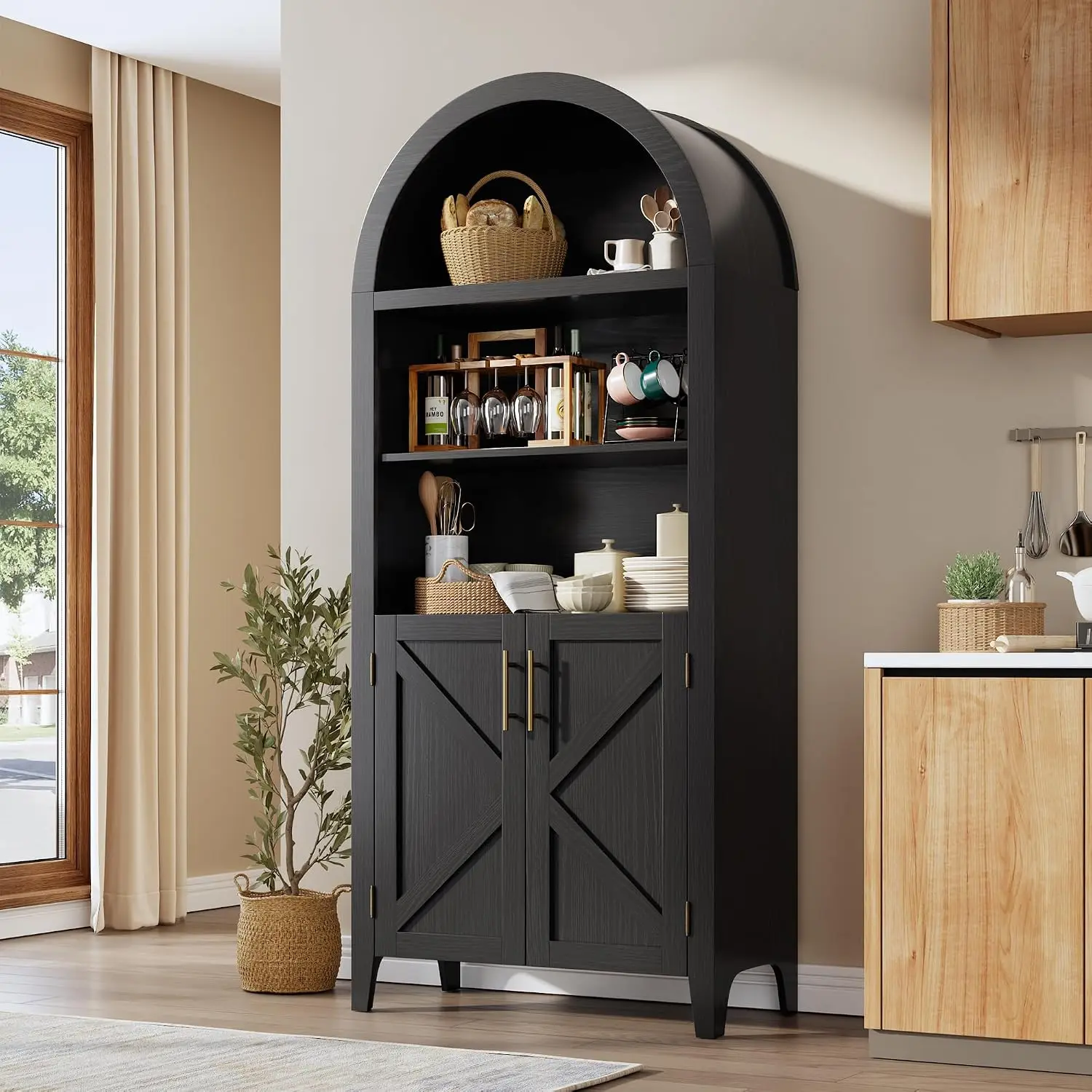 Arched Pantry Cabinet with Doors & 5-Tier Open Shelf, Kitchen Storage Organizer, Black, Customized