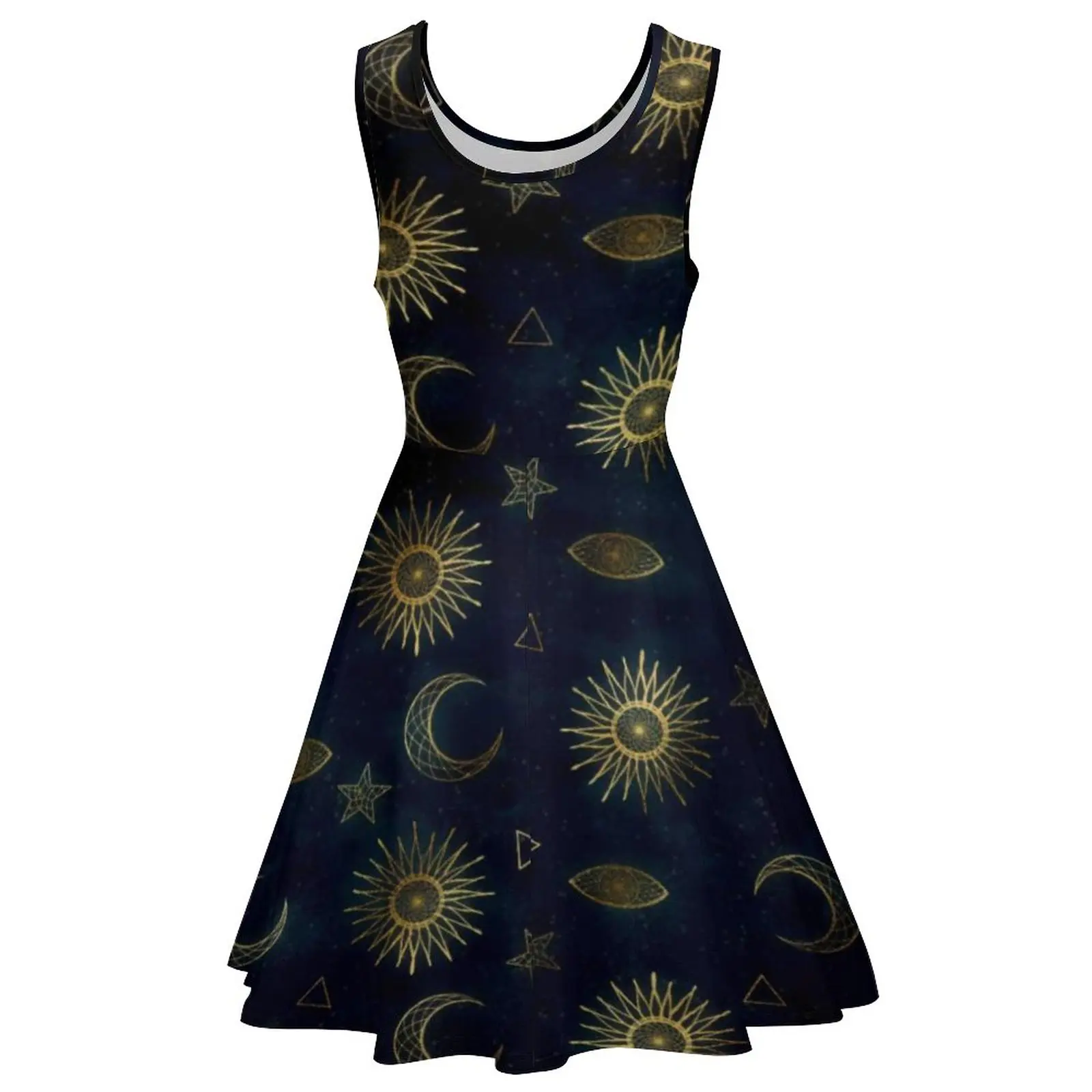 Vestido símbolo mágico ouro lua sol estrelas vestidos estéticos feminino night club skate vestido de verão roupas estampadas 3xl 4xl 5xl