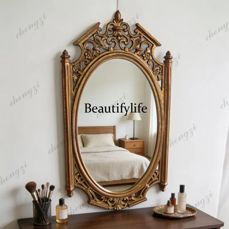 Retro European engraving craft oval makeup mirror American wall-mounted decorative mirror bedroom bathroom mirror