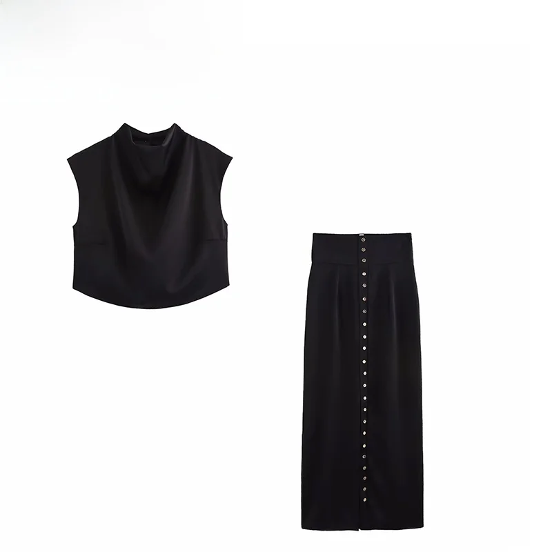 

ZBZA Spring New Women's Casual Svel Collared Skirt Set Button Detail f-length Polyester Fiber Slim Fit round Ne