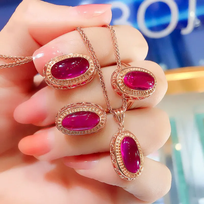 585 purple gold plated 14K rose gold palace style exquisite ruby jewelry sets light luxury earrings for women ring necklace