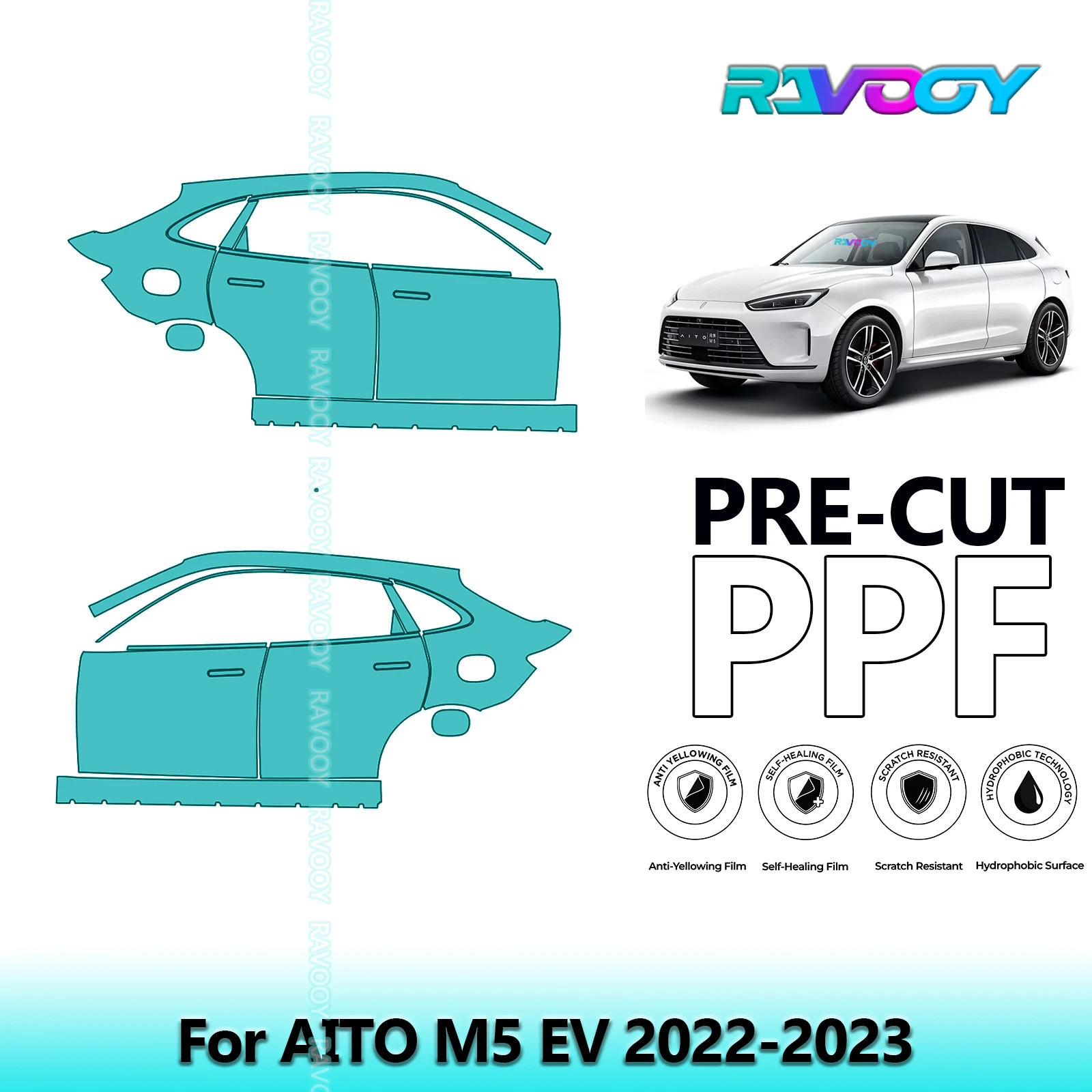 

For AITO M5 EV 2022-2023 8.5mil Clear Matte Pre-Cut PPF Door & A/B Pillar Kit TPU Paint Protection Film Set