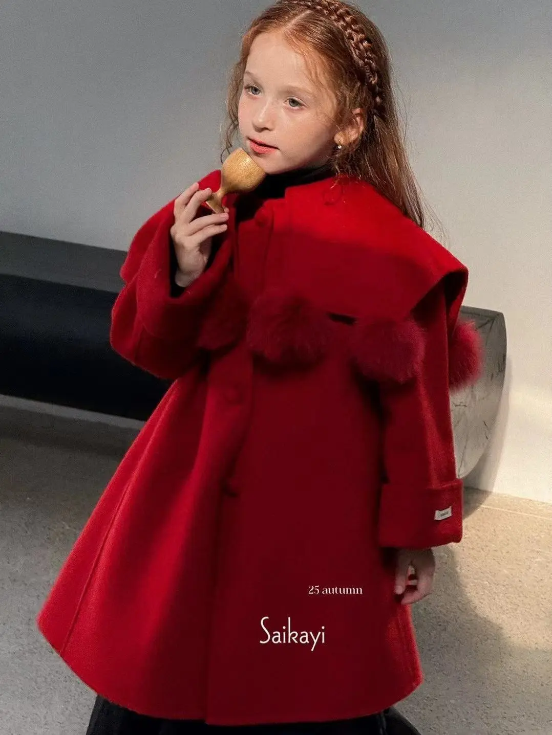 Girls Wool Coat Fall Winter Stylish Thick Loose Red Medium Large Kids Winter Sweet Wool Coat Students