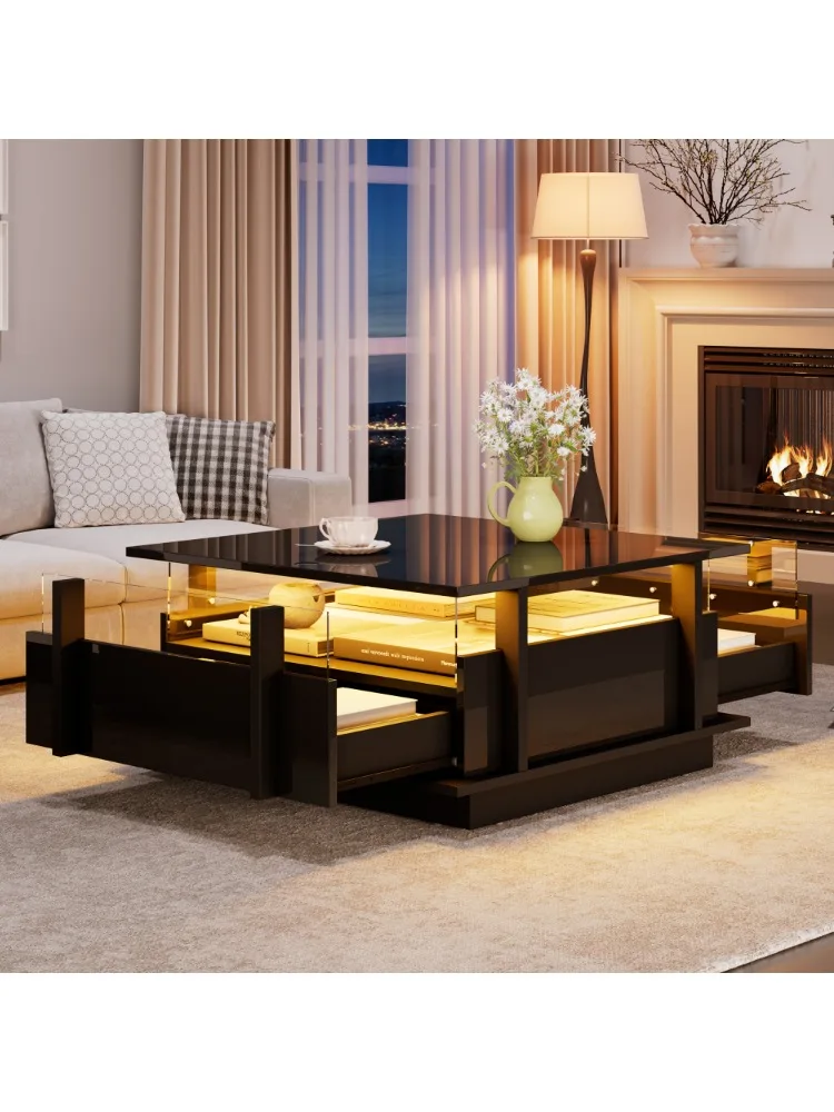 70x70x35cm moderne hoogglans salontafel met LED-verlichting, stevige acryl zijpanelen en 2 laden, salontafel in de woonkamer - afbeelding 2