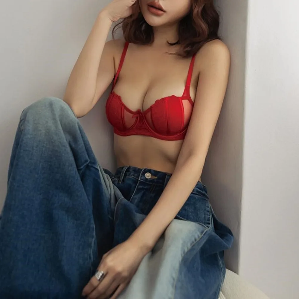 MOYISU Ladies Red Lace Semi Cup Bra Panty Set Thin Cup Reduce Bust Look Gathering Underwear, Lucky Year Gift Lingerie 32-38 Size
