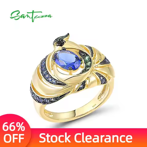 SANTUZZA 925 Sterling Silver Rings For Women Gold Color Black/Blue Spinel Cubic Zirconia Peacock Ring Fashion Trendy Jewelry