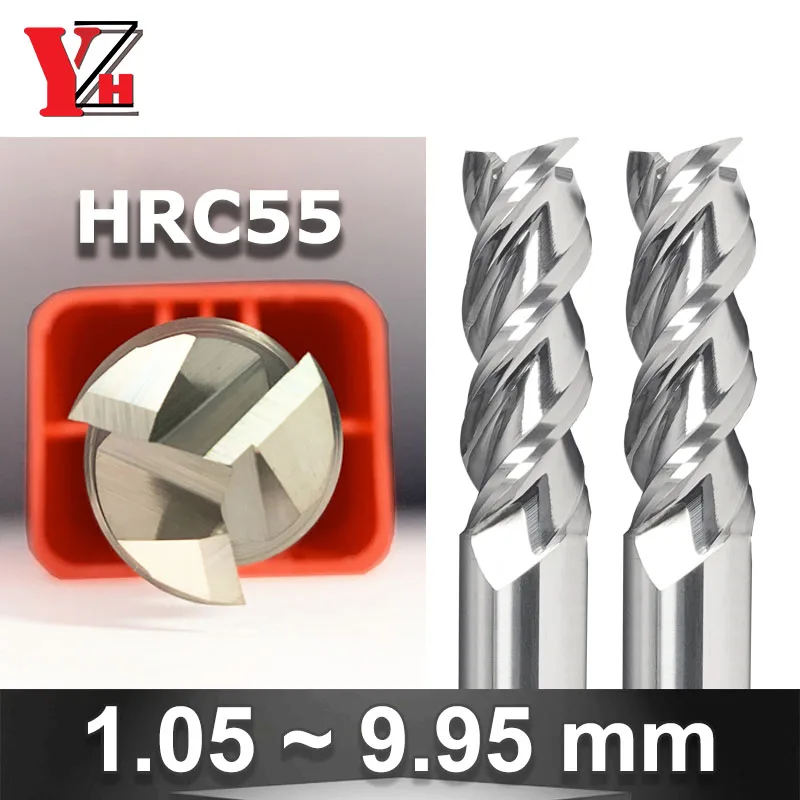 

YZH 3 Flute Diameter 1.05mm To 9.95mm Carbide Milling Cutter Decimal Point Diameter CNC HRC55 Aluminum Copper Wood Metal Cutter