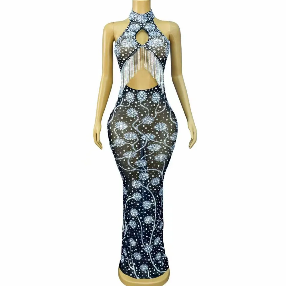 반짝이는 실버 라인스톤 크리스탈 체인 섹시한 투명 메쉬 드레스 여성 생일 저녁 파티 쇼 우아한 무대 드레스