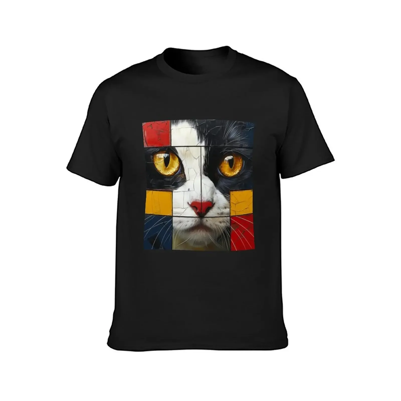 Mondrian Feline Fusion Tee, Feline Geometry Gift, Abstract Whiskers T-Shirt sweat summer clothes mens designer t shirt